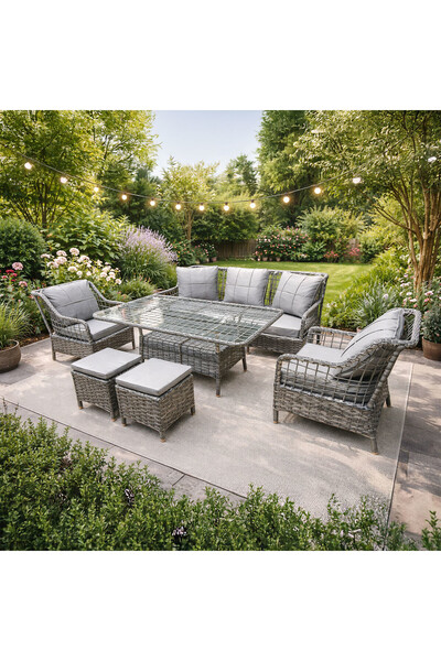 ENLIS Rattan Gri Oturma Grubu Bahçe Balkon Teras 3+1+1 Minderli Temperli Cam ...