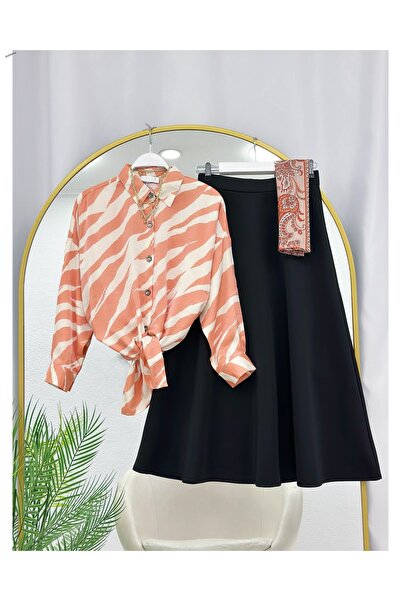 YEDİLALE Striped Satin Shirt and Flared Skirt Two-Piece Set [Excluding Shawl]