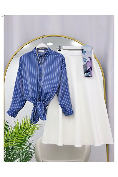 YEDİLALE Striped Satin Shirt and Flared Skirt Two-Piece Set [Excluding Shawl]