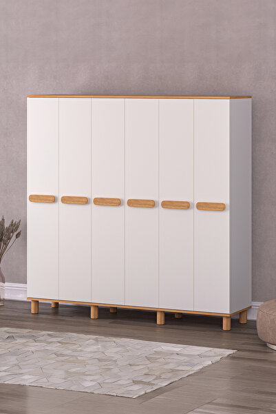 Rabi Mila 6 Kapaklı Beyaz - Meşe Gardırop (Bohem Ayaklı)