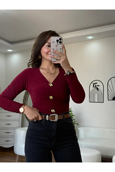 MEHTAP TURHAN Gold Düğmeli V Yaka Bluz