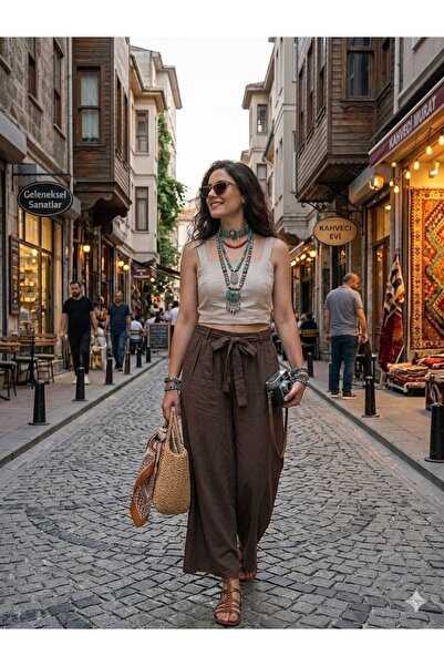 AYASOFYA OTANTIK Women's Italian Brown Wide-Legged Trousers with Elastic Wais...