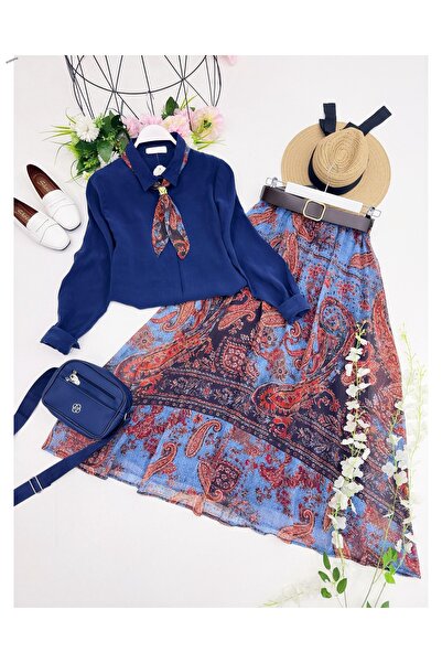 YEDİLALE SET DUBLU MODĂ: CĂMAȘĂ ȘI FUSTĂ CU EȘARFĂ [eșarfă și curea sunt incl...