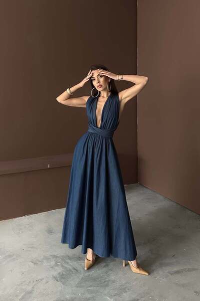 Lady Pixie Rochie lungă din denim cu decolteu adânc și detalii de legare