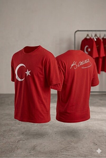 WOODROFFE Tricou unisex Moon Star cu imprimeu Atatürk pe spate, roșu, supradi...