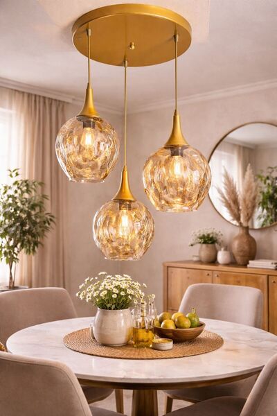 Ömür Avize damla eskitme gold kasa sarkıt 3lü avize