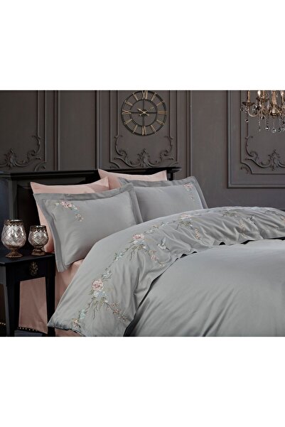 Dantela Dream Embroidered Cotton Satin Double Duvet Cover Set-Grey King Size