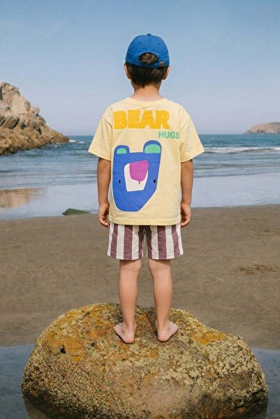 Monila Αγορίστικο βαμβακερό μπλουζάκι με στάμπα κίτρινου αρκουδάκι και ριγέ σ...