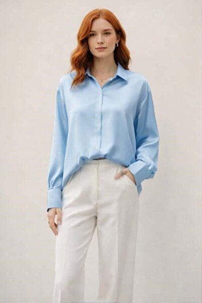 minaaise Blue Oversize Satin Women's Shirt 25142