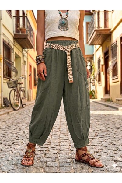 AYASOFYA OTANTIK Women's Italian Khaki Elastic Waist Belted Pocketed 100% Ten...