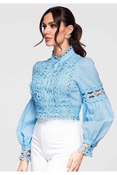 OMBRE Femei Cămașă Crop Elegantă OW-SH-E0013 Albastru