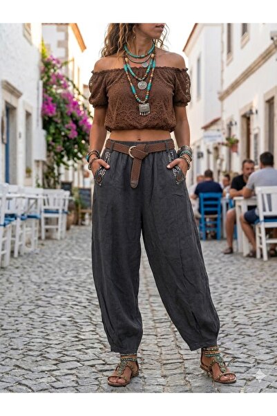 AYASOFYA OTANTIK Women's Italian Elastic Waist Belted Pocketed 100% Tencel Fa...