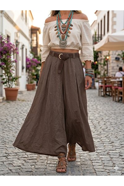 AYASOFYA OTANTIK Γυναικείο ιταλικό καφέ παντελόνι με ελαστική ζώνη στη μέση, ...