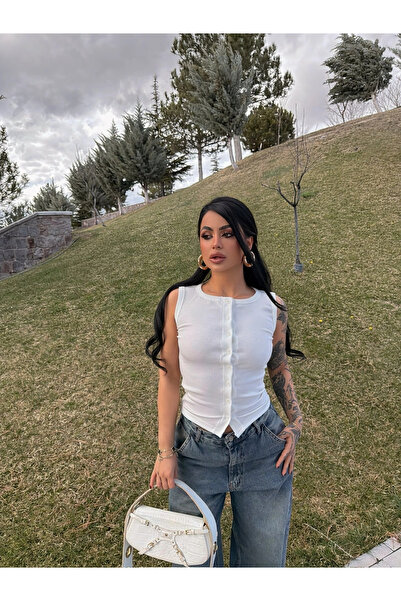 kırmızı butiks Λευκή μπλούζα καμιζόλα με κουμπιά μπροστά