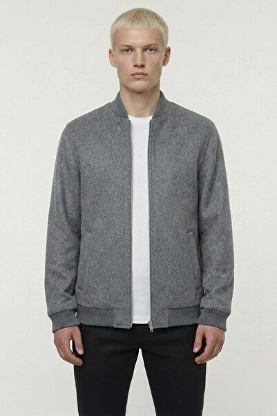 Sabri Özel Giotelli Gray Regular Fit Wool Bomber Collar Cashmere Men's Coat