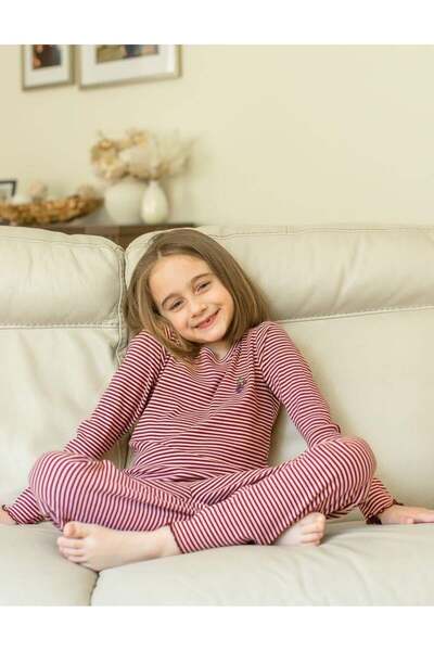 OrganicKid Cranberry Kız Çocuk Bordo Çizgili Pijama Takımı