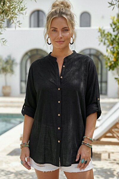 Chiccy Cămașă neagră casual din muselină țesută, cu guler, nasturi și mâneci ...