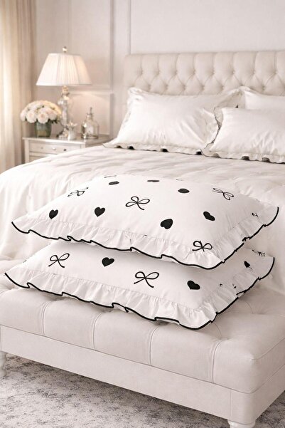 DB 2-Pack Pillowcases with Large Heart and Bow Pattern, Ruffled, 5100 Cotton