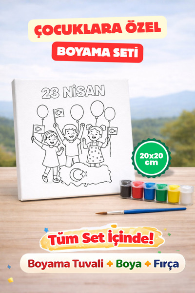 hediye hobim 23 Nisan ÖzelÇocuklar İçin 20x20 Boyama Seti Tuval + Boya + Fırç...