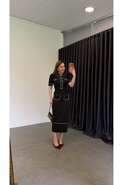 elif teke فستان سيلينا للأطفال بياقة مطرزة باللون الأسود