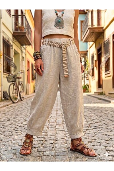 AYASOFYA OTANTIK Γυναικείο ιταλικό μπεζ παντελόνι με ελαστική ζώνη στη μέση, ...