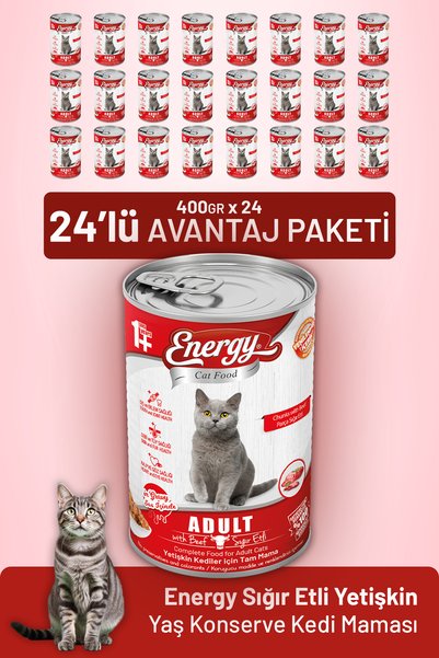 cat food energy Sığır Etli Yetişkin Yaş Kedi Maması 400 g - 24 Adet