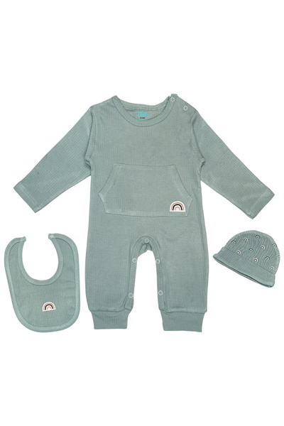 Babies Basic Ribbed Cotton Set with Sleepsuit/Romper, Cap and Bib
