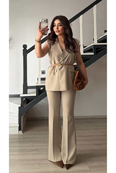 Oslove Beige belted vest-spanish leg pants set