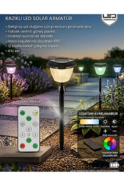 Senipa Kumandalı RGB Solar Kazıklı Dış Mekan 30 w Su Geçirmez