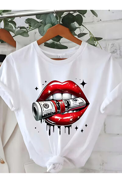 LİNA06 Women'S Fashion Printed T-Shirt, with a Hundred-Yuan Bill in Her Lips
