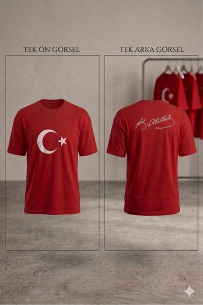 WOODROFFE Tricou unisex Moon Star cu imprimeu Atatürk pe spate, roșu, supradi...