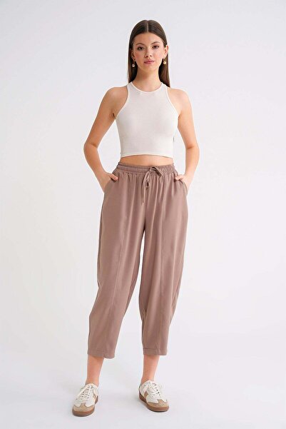 Mixray 4307 Women's Elastic Waist Segmented Shalwar Trousers Biscuit