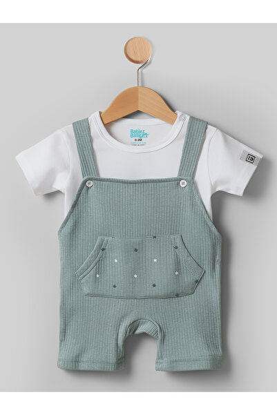 Babies Basic Ribbed Cotton Dungaree with Short Sleeves T-shirt