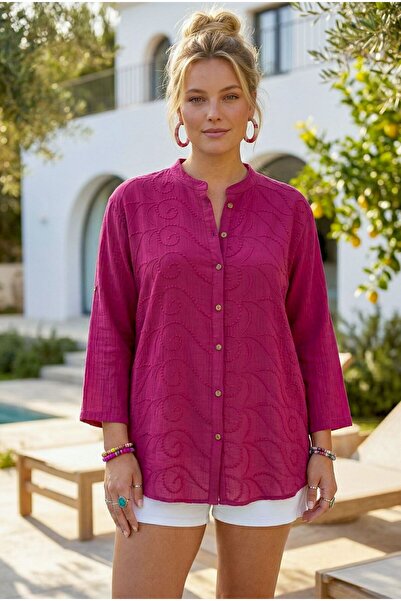 Chiccy Cămașă casual din muselină țesută, cu guler fucsia, cu nasturi, cu mân...