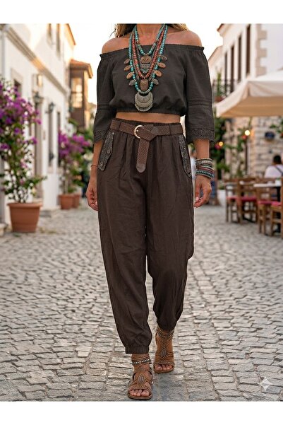 AYASOFYA OTANTIK Γυναικείο ιταλικό καφέ παντελόνι με ελαστική ζώνη στη μέση, ...