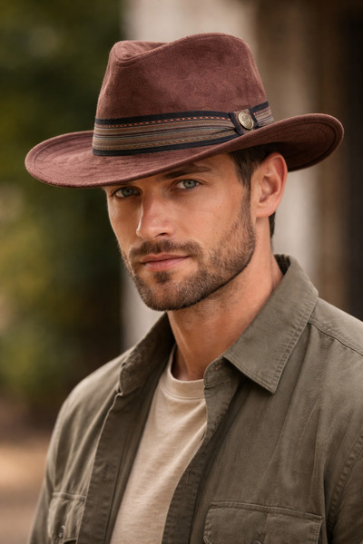 CosmoOutlet قبعة رعاة البقر الغربية للرجال باللون البني، موديل عصري ذو حافة ع...