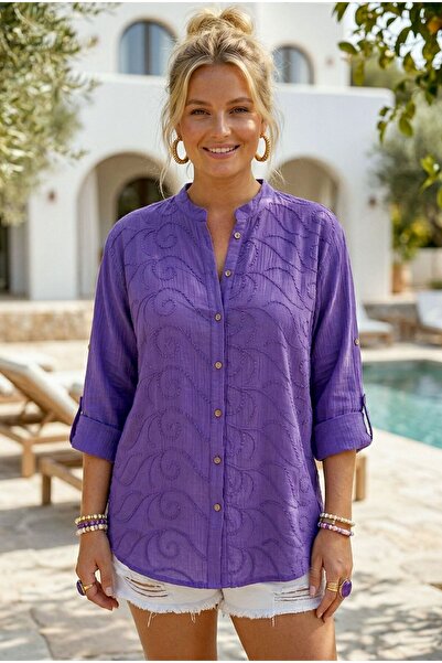 Chiccy Cămașă casual din muselină, mov, cu guler Hakim, cu nasturi, cu mânecă...