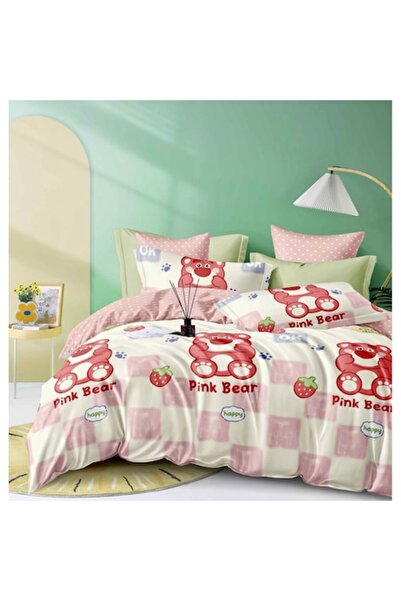 JOJO HOME Double Bed Linen Set, 6 Pieces, Cotton Finet, Pink Bear and Strawbe...