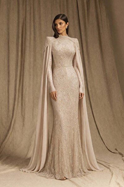 Olcay Pelerin Detaylı Taş ve Pul Bezeli Exclusive Tesettür Abiye Elbise TAŞ 1081