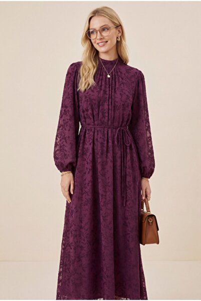 MissRunin Dik Yaka Beli Bağcıklı Kolu Lastikli Astarlı Flog Baskılı Elbise