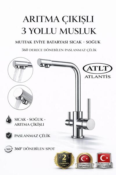 ATLT ATLANTİS ARITMA ÇIKIŞLI 3 YOLLU MUSLUK MUTFAK EVİYE BATARYASI SICAK SOĞU...