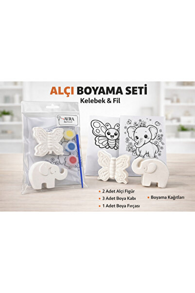 chuvojewelry Alçı Boyama Seti Kelebek & Fil – 2’li Figür + Boya + Fırça – Çoc...