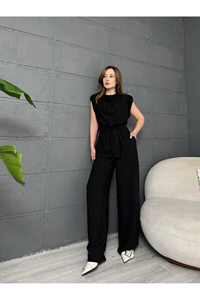 MODAMERSİ Women's Black Shoulder Padded Belted Jumpsuit