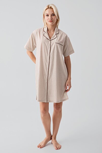 Artış Short Sleeve Striped Buttoned Woven 100% Cotton Nightgown 19108