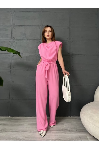 LE CARAMBOLE Salopetă roz pentru femei, cu șnururi și bretele căptușite la umeri