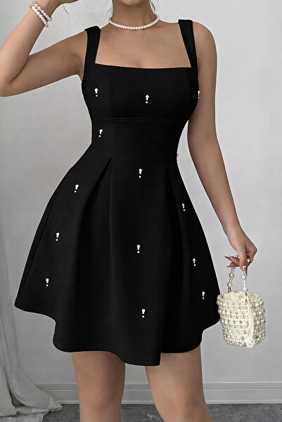 Deafox Black Square Neck Strap Dress with Pearl Detail and Pleated Crepe Fabric