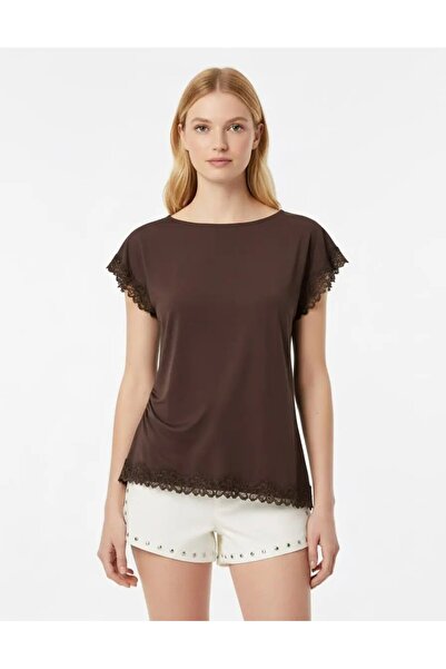 Park Karon Women's Boat Neck Gathered Side Slit Lace Detail Combed Cotton Blo...