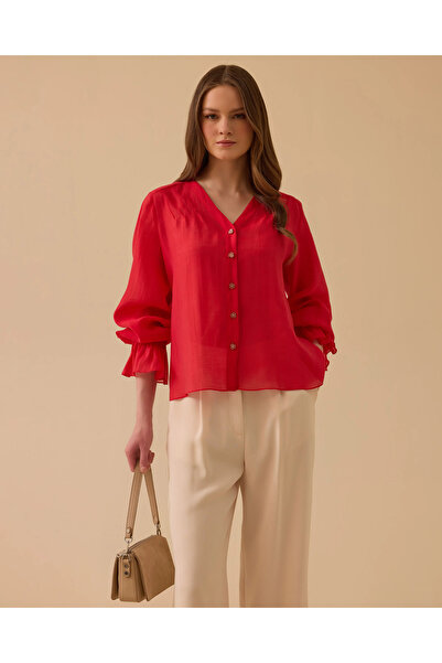 SEÇİL V Yaka Büzgü Kollu Gömlek