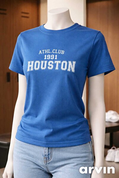 PİXELİA تي شيرت هيوستن مطبوع للسيدات باللون الأزرق مقاس كبير من Salas Boyfriend