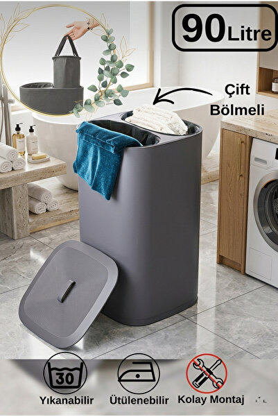 ŞekerHome 90 Litre Çift Bölmeli Yıkanabilir Kumaş Çamaşır Sepeti